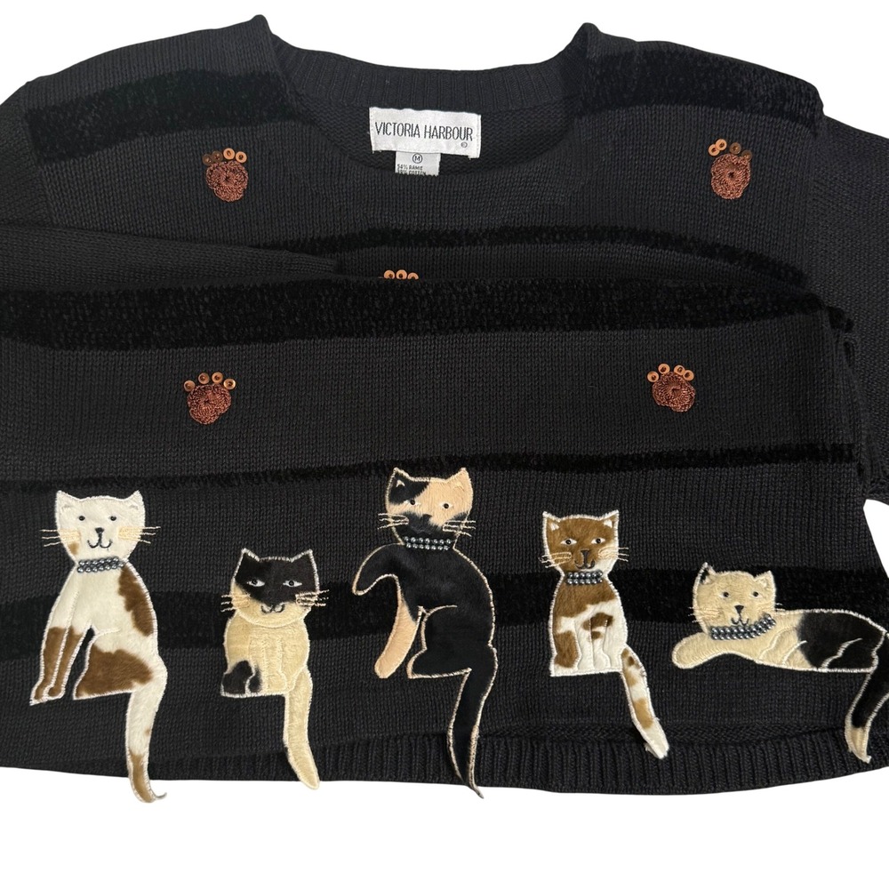 Vintage Victoria Harbour Cat Sweater Sequin Paw Print Faux Fur 3D Tail Womens M
